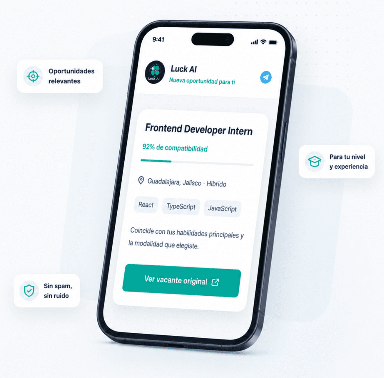 Luck AI mostrando una vacante compatible en Telegram